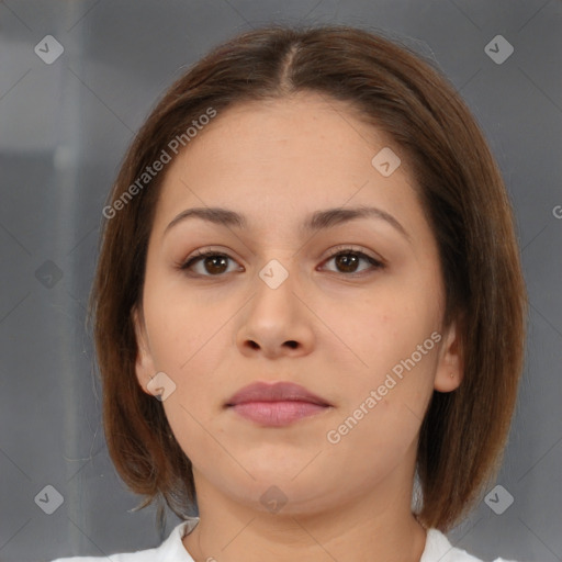 Neutral white young-adult female with medium  brown hair and brown eyes