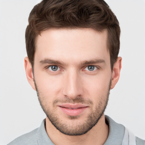 Neutral white young-adult male with short  brown hair and grey eyes