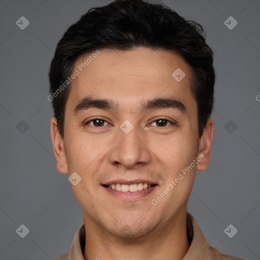 Joyful white young-adult male with short  black hair and brown eyes