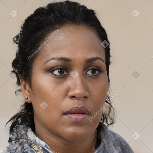 Neutral black young-adult female with medium  brown hair and brown eyes