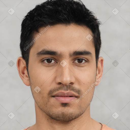 Neutral asian young-adult male with short  black hair and brown eyes