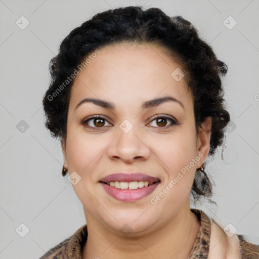 Joyful latino young-adult female with medium  brown hair and brown eyes