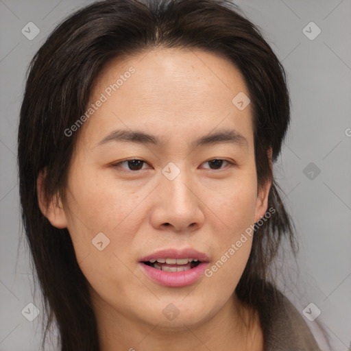 Joyful white young-adult female with medium  brown hair and brown eyes