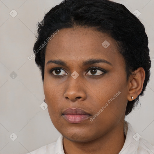 Neutral black young-adult female with short  black hair and brown eyes