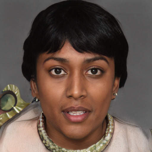 Joyful asian young-adult female with short  black hair and brown eyes