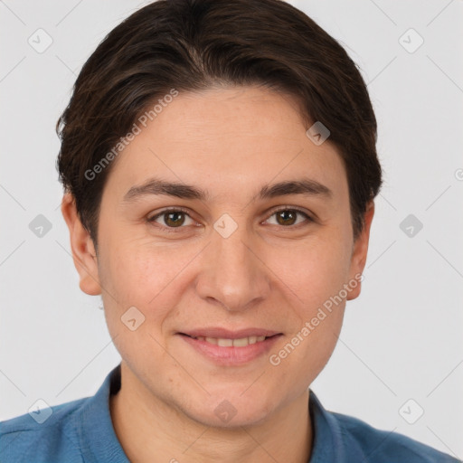 Joyful white young-adult female with short  brown hair and brown eyes