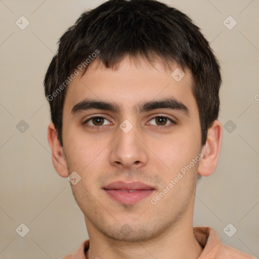 Neutral white young-adult male with short  brown hair and brown eyes