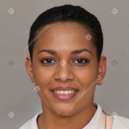 Joyful latino young-adult female with short  brown hair and brown eyes