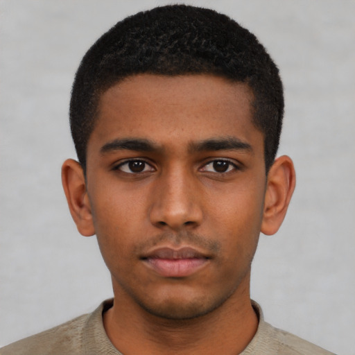 Neutral black young-adult male with short  black hair and brown eyes