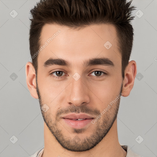 Neutral white young-adult male with short  brown hair and brown eyes