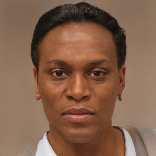 Joyful black adult male with short  black hair and brown eyes