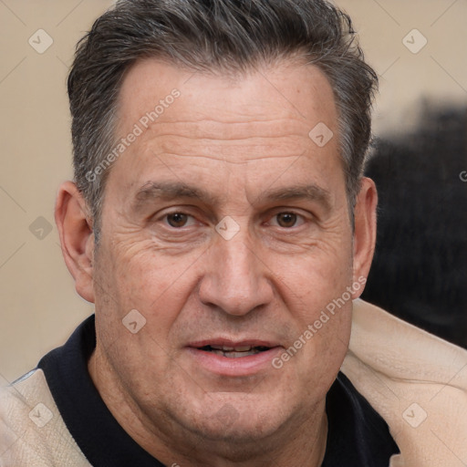 Joyful white middle-aged male with short  brown hair and brown eyes