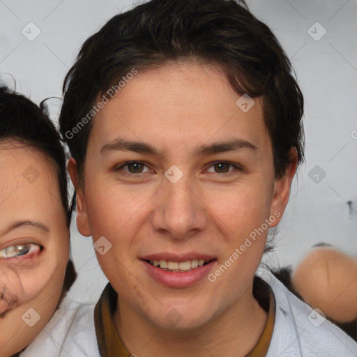 Joyful white young-adult female with short  brown hair and brown eyes