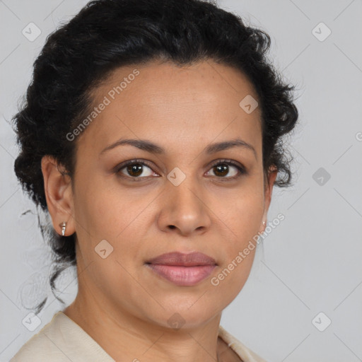 Joyful latino adult female with short  brown hair and brown eyes