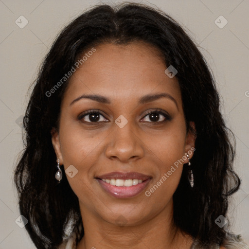 Joyful black young-adult female with medium  brown hair and brown eyes