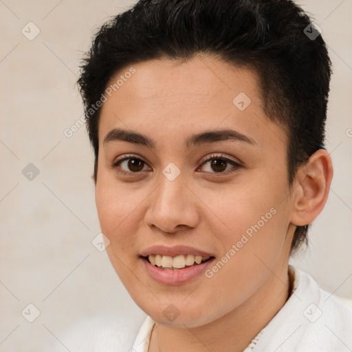 Joyful white young-adult female with short  brown hair and brown eyes