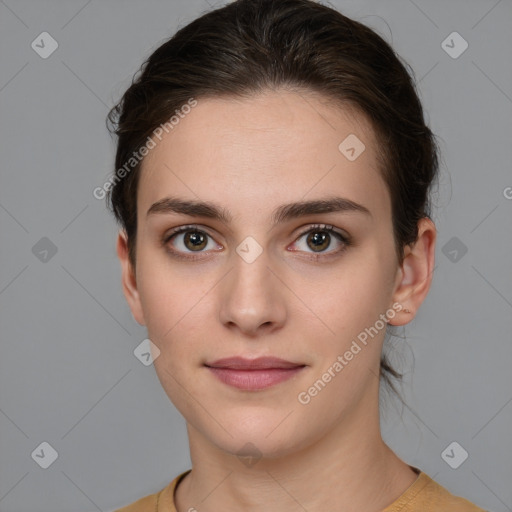 Neutral white young-adult female with medium  brown hair and brown eyes