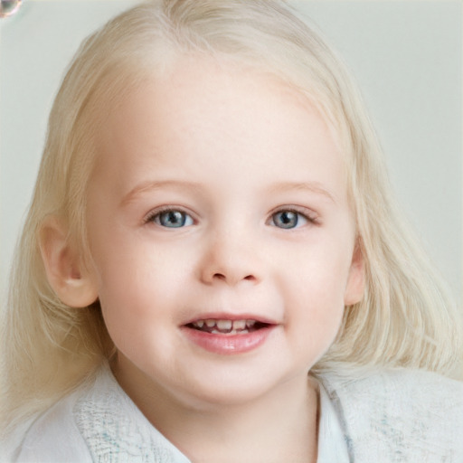 Joyful white child female with medium  blond hair and blue eyes