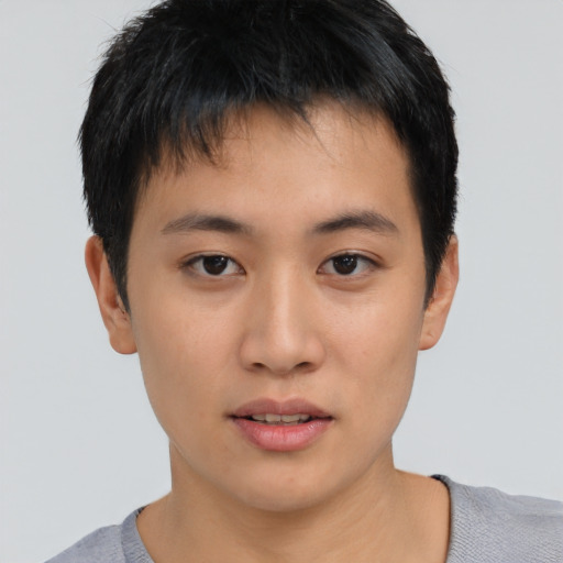 Neutral asian young-adult male with short  brown hair and brown eyes