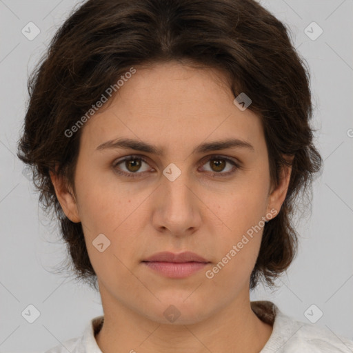 Neutral white young-adult female with medium  brown hair and brown eyes