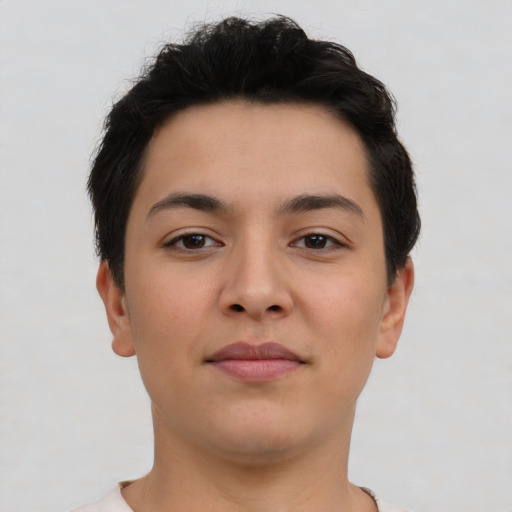 Neutral latino young-adult female with short  brown hair and brown eyes