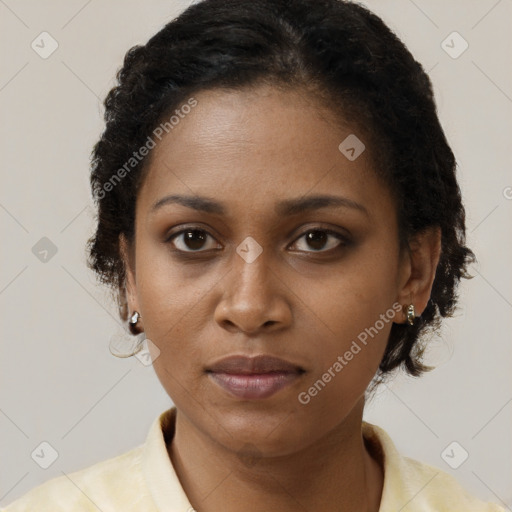 Neutral black young-adult female with short  brown hair and brown eyes