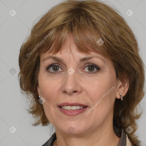 Joyful white adult female with medium  brown hair and grey eyes