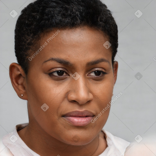 Joyful black young-adult female with short  brown hair and brown eyes