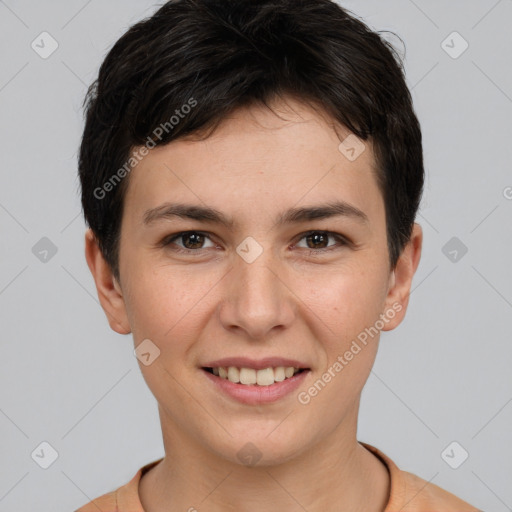 Joyful white young-adult female with short  brown hair and brown eyes