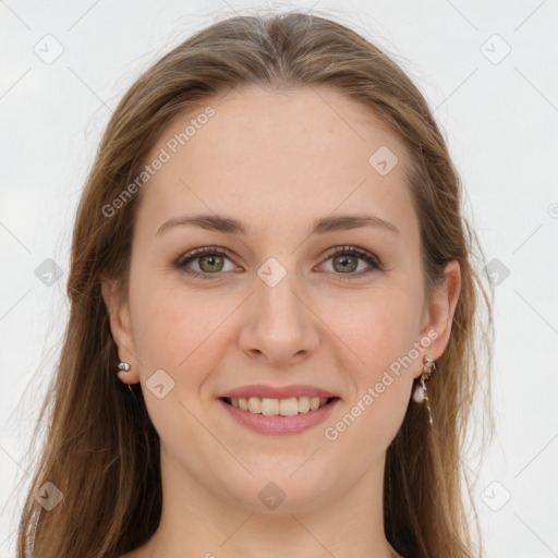 Joyful white young-adult female with long  brown hair and grey eyes