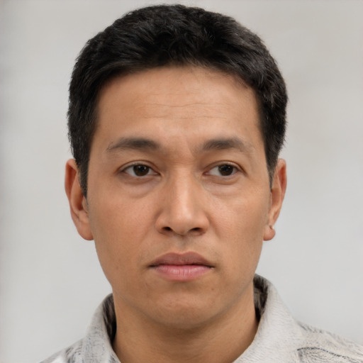 Neutral asian adult male with short  black hair and brown eyes