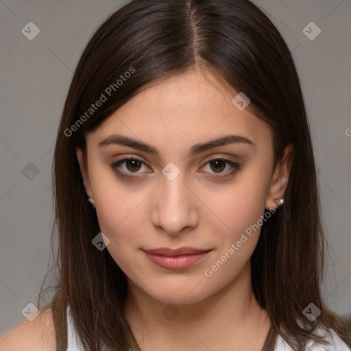 Joyful white young-adult female with medium  brown hair and brown eyes