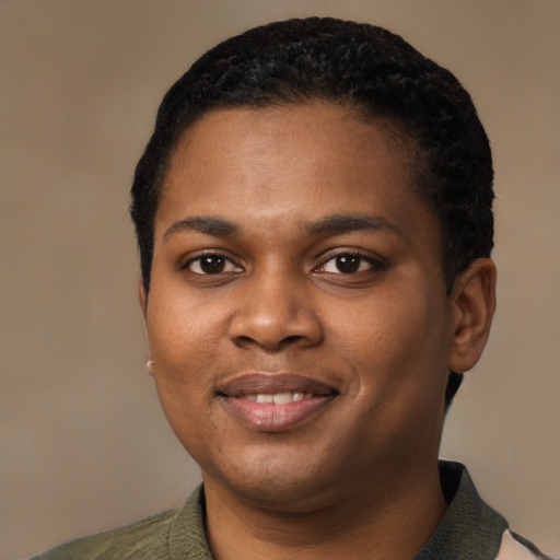 Joyful black young-adult female with short  black hair and brown eyes