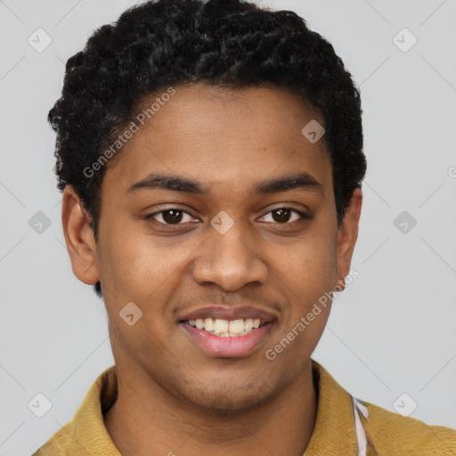 Joyful black young-adult male with short  brown hair and brown eyes