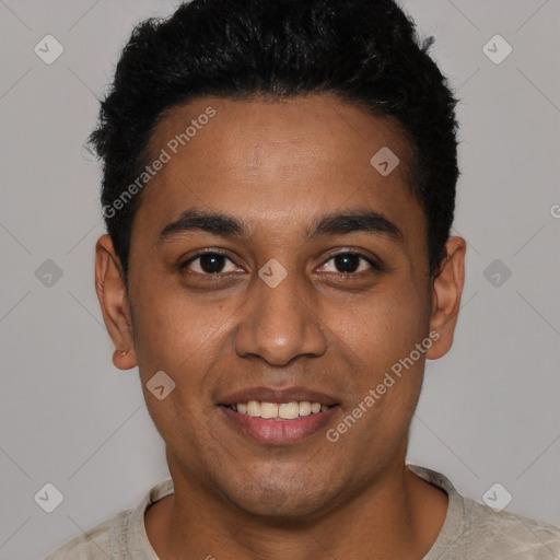 Joyful latino young-adult male with short  black hair and brown eyes