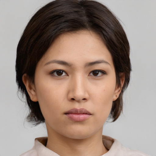 Neutral asian young-adult female with medium  brown hair and brown eyes