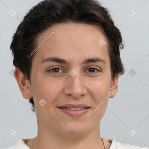 Joyful white young-adult female with short  brown hair and brown eyes