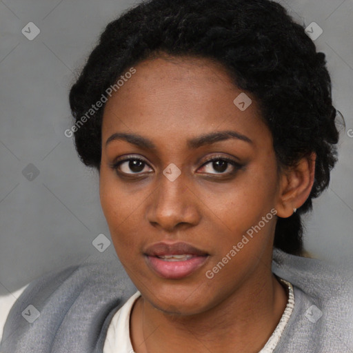 Neutral black young-adult female with short  black hair and brown eyes