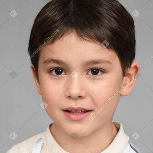 Joyful white child female with short  brown hair and brown eyes