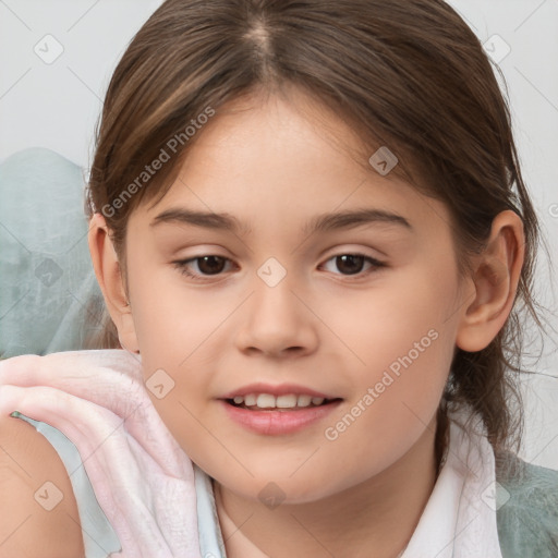 Joyful white child female with medium  brown hair and brown eyes