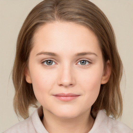 Neutral white young-adult female with medium  brown hair and grey eyes