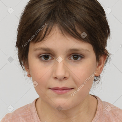 Joyful white child female with medium  brown hair and brown eyes