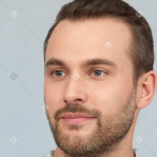 Neutral white young-adult male with short  brown hair and brown eyes