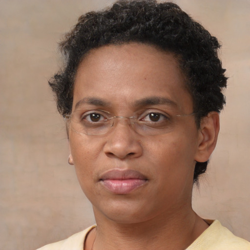 Neutral black adult female with short  brown hair and brown eyes