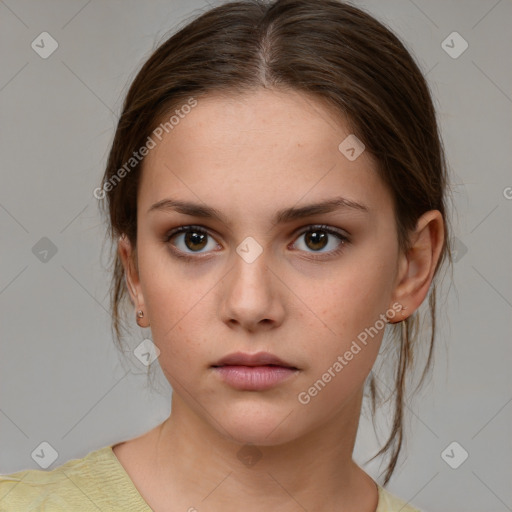 Neutral white young-adult female with medium  brown hair and brown eyes