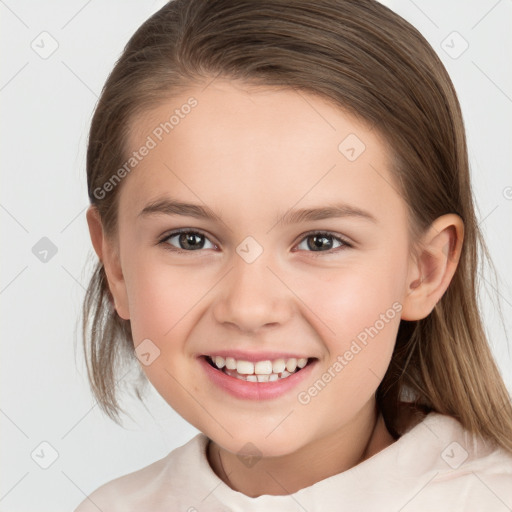 Joyful white child female with medium  brown hair and brown eyes