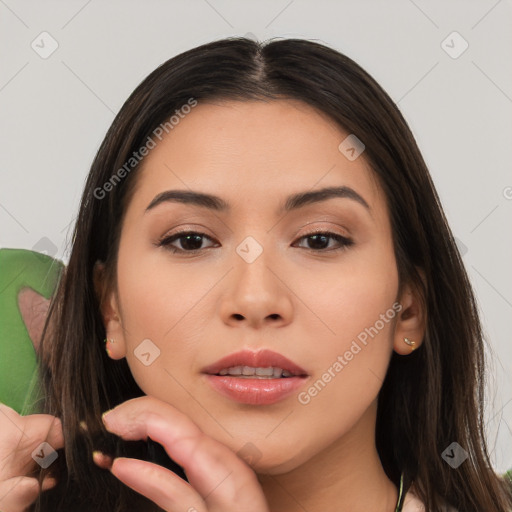 Neutral white young-adult female with long  brown hair and brown eyes