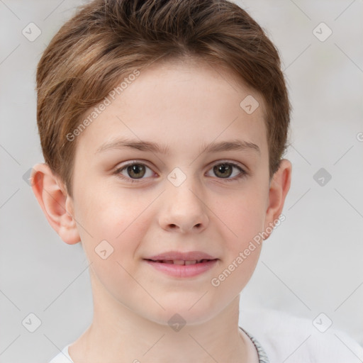 Joyful white child female with short  brown hair and brown eyes