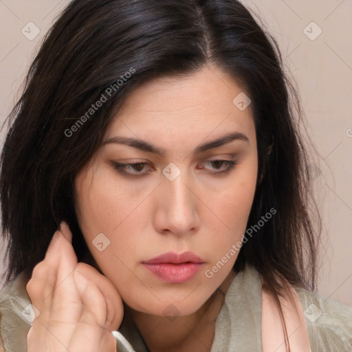 Neutral white young-adult female with medium  brown hair and brown eyes