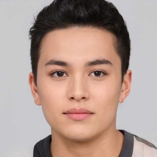 Neutral asian young-adult male with short  brown hair and brown eyes